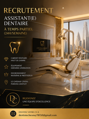 RECRUTEMENT – ASSISTANT(E) DENTAIRE / AIDE DENTAIRE  H/F À TEMPS PARTIEL (24H/SEMAINE)