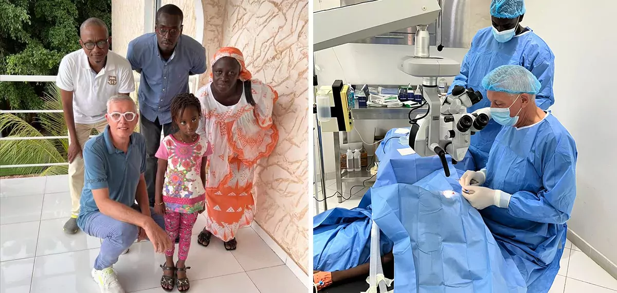 Petite fille avec glaucome congénital avec sa maman et l’équipe de Swiss Visio au Sénégal en août 2023 (à gauche) et le Professeur André Mermoud en opération (à droite)