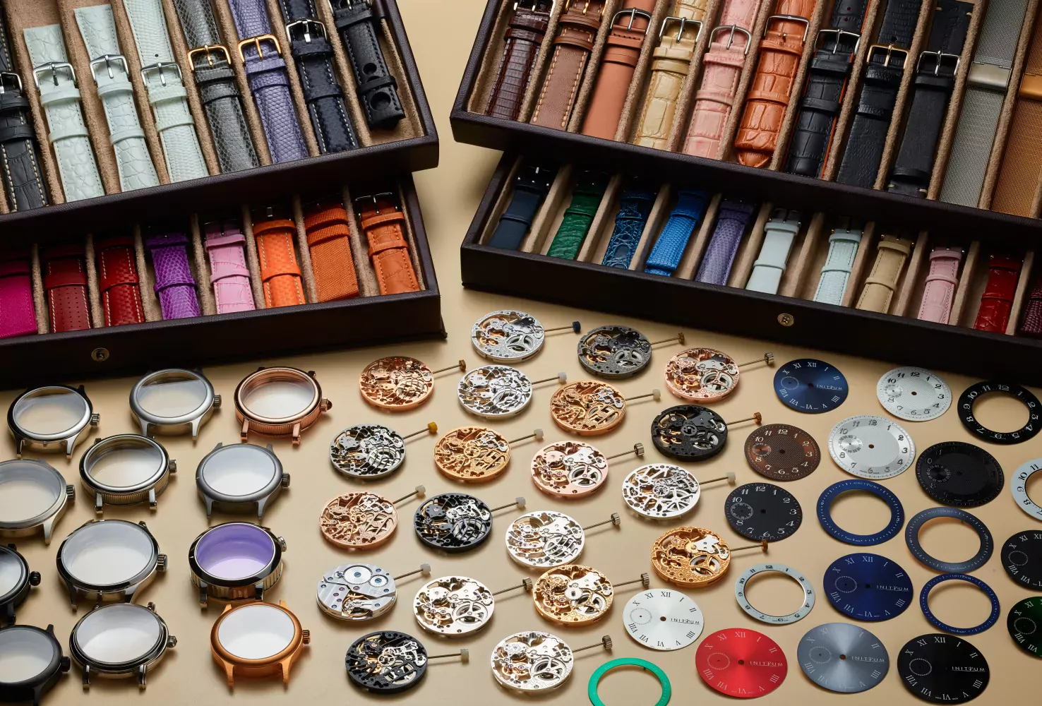  Un vaste assortiment de mouvements, boîtiers, cadrans, aiguilles et bracelets permet de réaliser entièrement le design de son garde-temps.