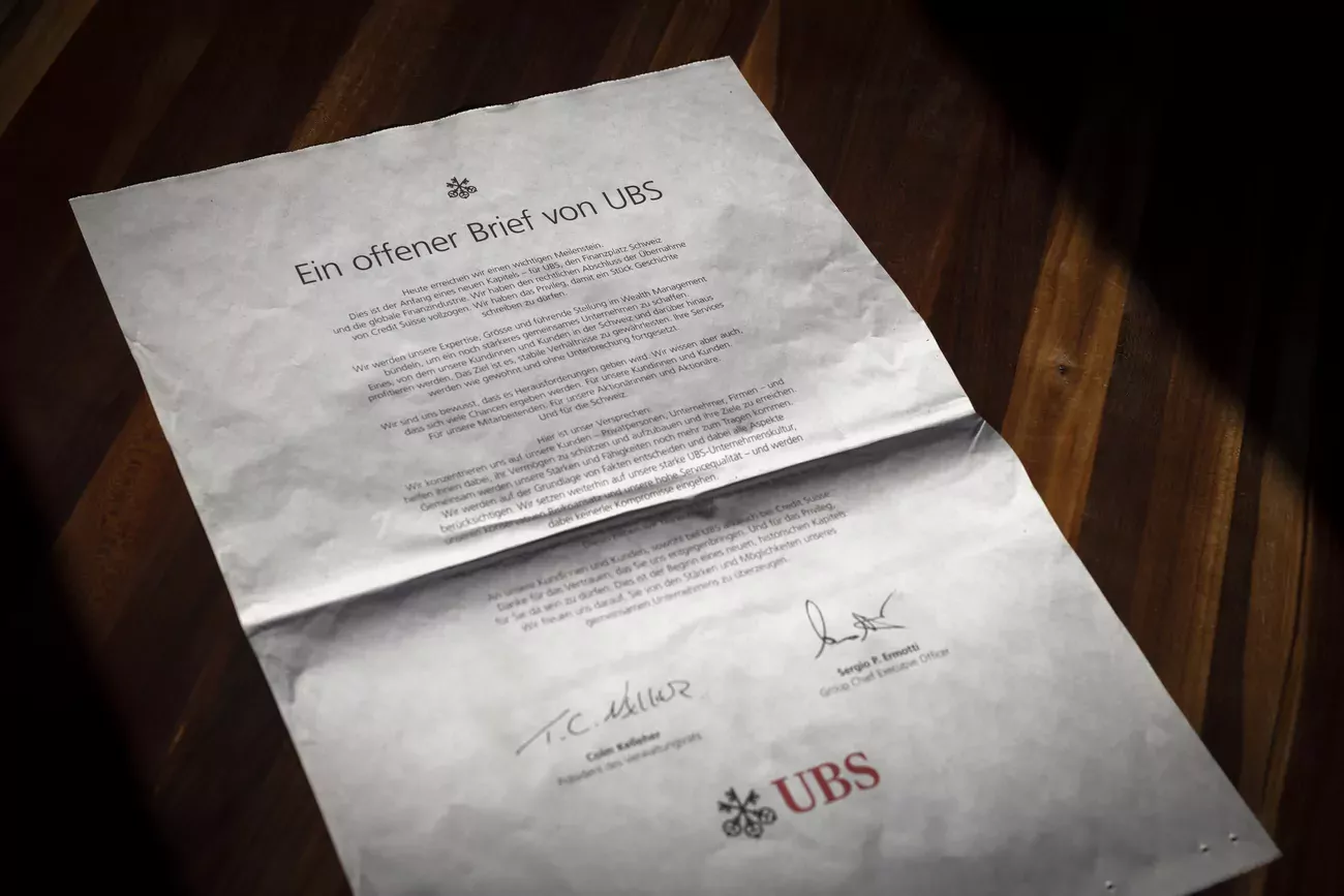 C'est avec cette lettre publiée dans les médias qu'UBS a annoncé la finalisation de son acquisition de Credit Suisse.