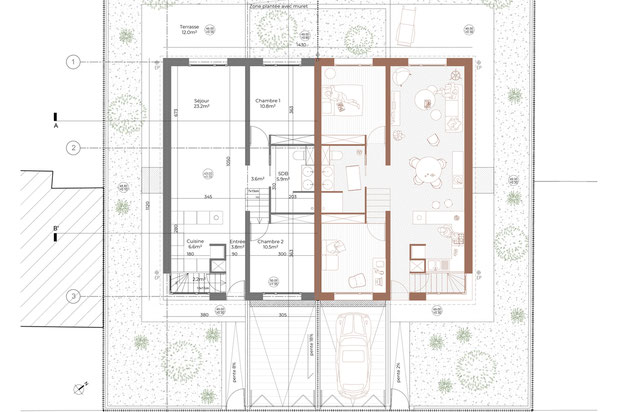 Plan des deux logements mitoyens-construction-logement-Cormeilles-en-Parisis