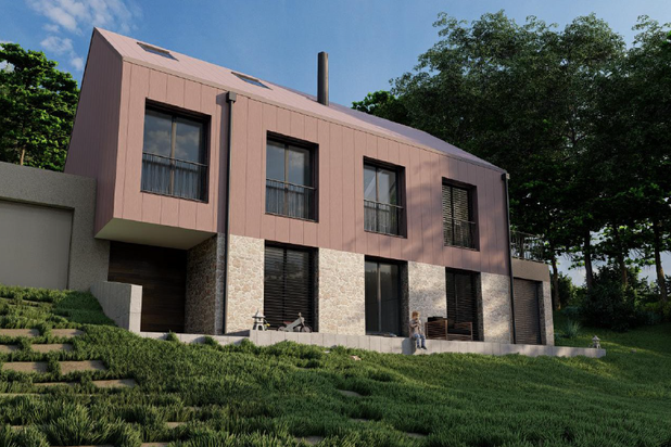 Façade de l’entrée avec soubassement en pierre meulière, étage et toiture en zinc.-construction-maison-Jouy-en-Josas