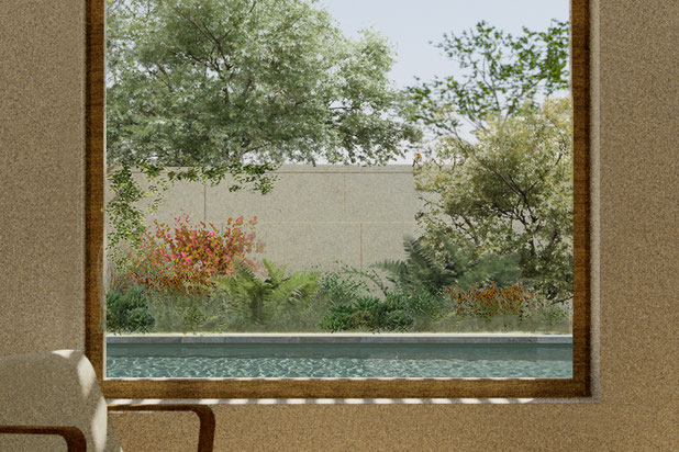 Image depuis le salon - cadrage sur jardin intérieur-construction-maison-Laval