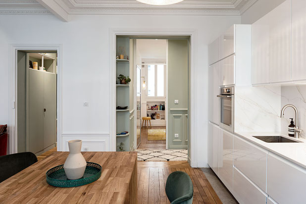 Cuisine - séjour tout en douceur-renovation-appartement-Paris
