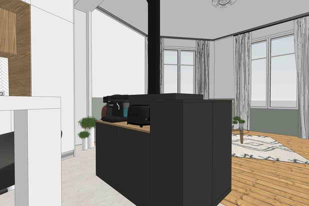 Cheminée centrale, rangement intégrés côté cuisine-renovation-maison-Nantes