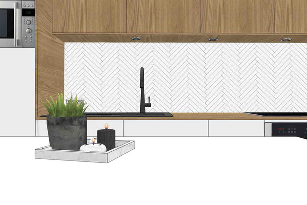 Cuisine blanche et bois et crédence graphique-renovation-maison-Nantes