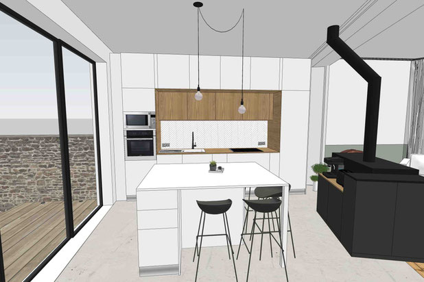 Cuisine contemporaine blanc et bois.-renovation-maison-Nantes