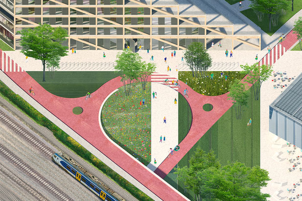 Vue axonométrique de l'intégration au réseau du vélo-construction-logement-Tilbourg