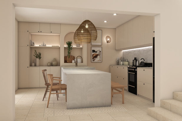 Cuisine ouverte avec îlot central en béton ciré et nichés intégrées-renovation-maison-Ourches
