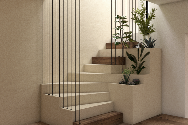 Escalier principal avec lumière zenithale et bacs à planter intégrés-renovation-maison-Ourches