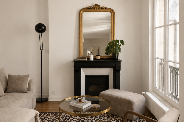 Vue du salon et sa cheminée conservée-renovation-appartement-Paris