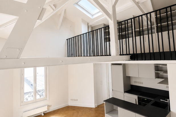 Vue d'ensemble avec la charpente apparente-renovation-appartement-Paris