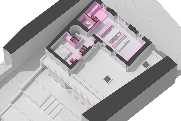 Axonométrie intérieure R+1 - séjour, cuisine, chambre-rehabilitation-maison-Le Mans
