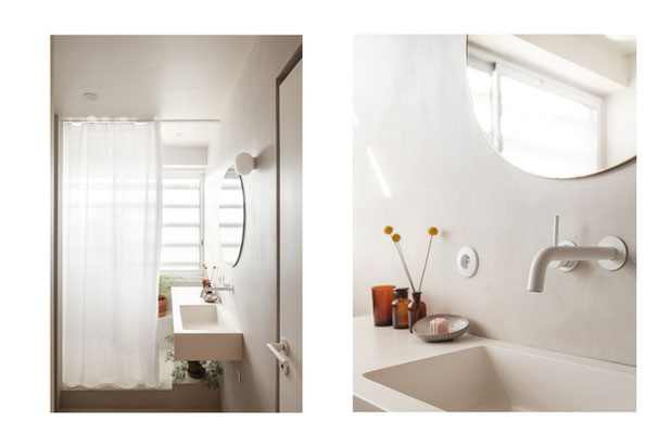 salle de bain en béton ciré beige clair-renovation-appartement-Lyon