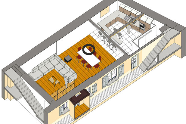 Axonométrie aménagement séjour cuisine-renovation-local-Feucherolles