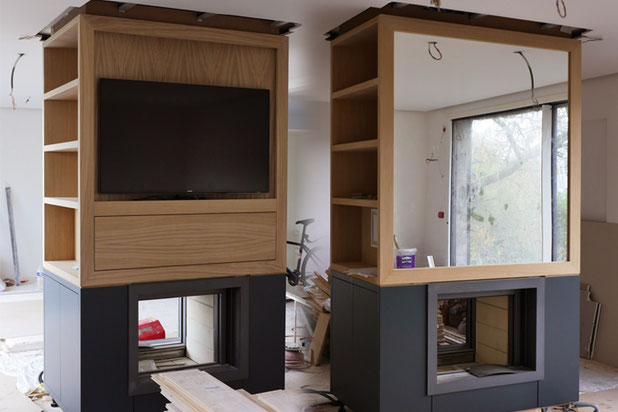 poêle à double foyer entre salon et salle à manger-renovation-maison-Rueil-Malmaison