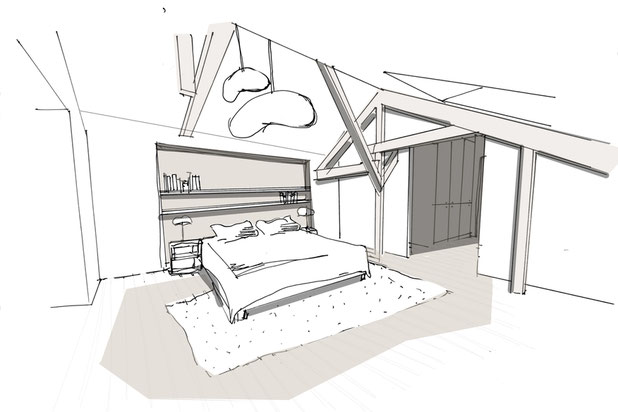Chambre sous charpente apparente-rehabilitation-maison-Rennes