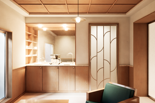 Vue de la kitchenette du Lobby-renovation-hotel-Paris