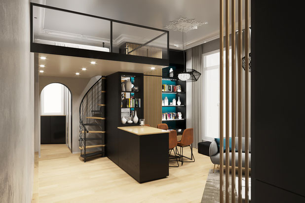 Séjour vers espace nuit-renovation-logement-Paris