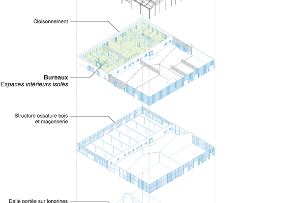 Axonométrie de l'intervention-rehabilitation-bureaux-Bourges