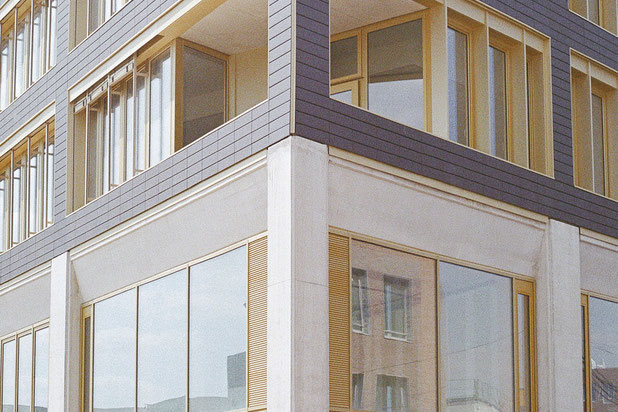 Vue de l'angle entre la façade Nord et Est - rdc commerce - étages loggias des coworkings-construction-equipement-Saclay