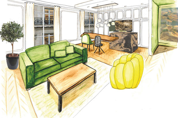 Croquis Pièce de Vie-renovation-appartement-Paris