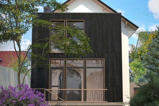 Surélévation, bardage bois brulé-agrandissement_extension-maison-Orvault