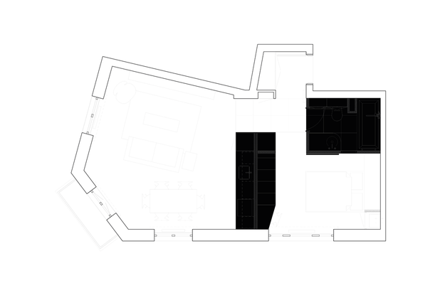 Le plan du projet s'organise autour d'une boîte noire qui abrite la cuisine côté séjour et le dressing côté chambre-renovation-appartement-Schiltigheim