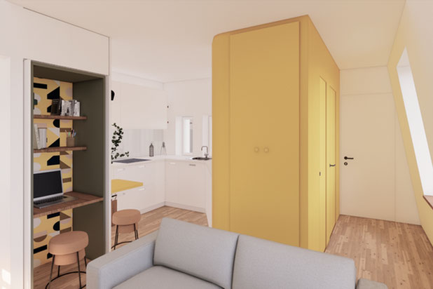 Cuisine et entrée depuis salon-renovation-appartement-Paris