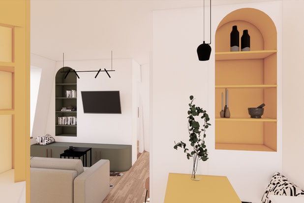 Salon et accès chambre depuis cuisine-renovation-appartement-Paris