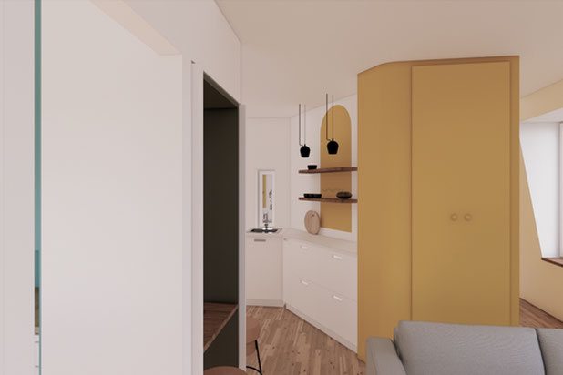 Salon et cuisine depuis accès chambre-renovation-appartement-Paris