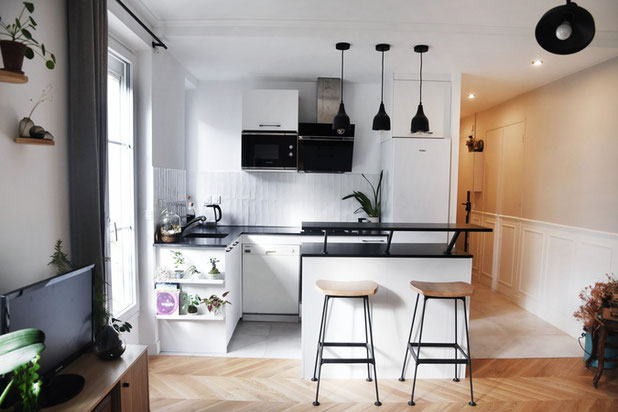 Cuisine avec ilot vue d'ensemble-renovation-appartement-Paris