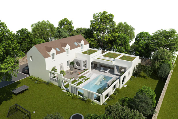 Vue d'oiseau-agrandissement_extension-maison-Le Coudray-Montceaux