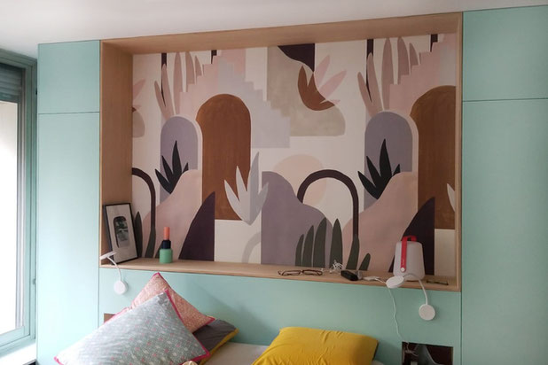 chambre avec meuble tête de lit sur mesure-renovation-appartement-Paris