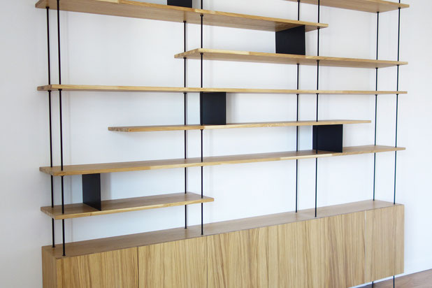 séjour avec meuble sur mesure chêne/métal-renovation-appartement-Paris