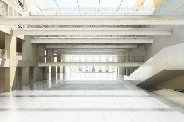 Vue de l'atrium et du nouveau bâtiment suspendu-construction-boutique_local-Paris