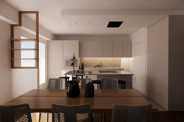 Vue de la salle à manger sur la cuisine ouverte-renovation-appartement-Paris