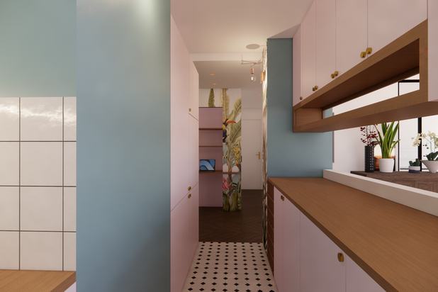 Vue depuis la cuisine et ses carrelage, métro et à motif-renovation-appartement-Paris