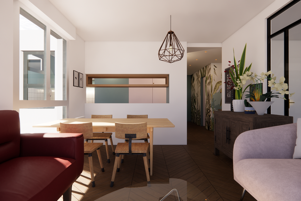 Vue depuis sur le salon sur l'espace de vie décloisonné-renovation-appartement-Paris