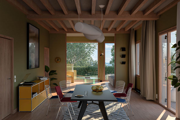 salle à manger - vue vers le grand paysage-renovation-maison-Charbonnières-les-Bains