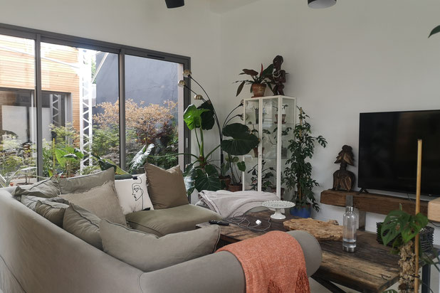 Vue sur patio depuis le canapé-renovation-maison-Le Mans