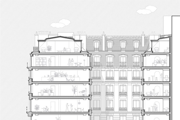 Coupe sur le patio et la verrière créés-rehabilitation-bureaux-Paris