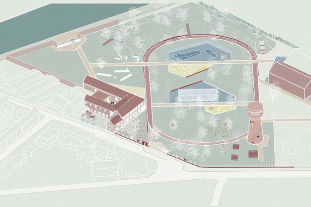 Axonométrie du bâtiment et du parc-rehabilitation-equipement-Auby