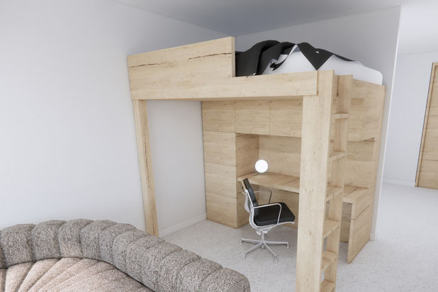 Vue sur le lit superposé et bureau sur mesure.-amenagement-appartement-Paris