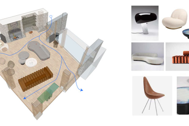 Projection 3D du salon et planche d'intention mobilier.-renovation-maison-Ajaccio