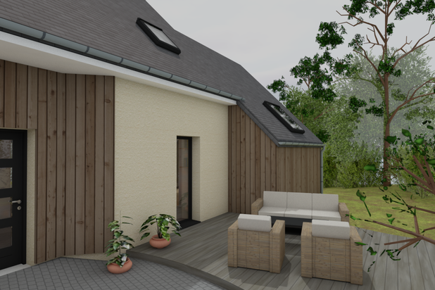 Vue 3D - extérieur côté rue-agrandissement_extension-maison-Sainte-Honorine-du-Fay