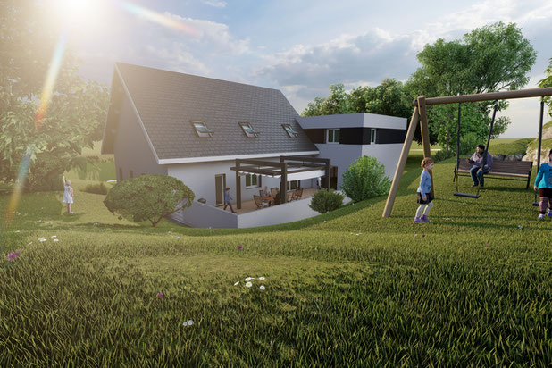 Vue extérieure projet - Façade côté jardin-agrandissement_extension-maison-Dammartin-en-Serve