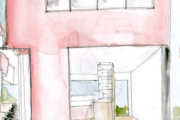 Vue de la terrasse sur rue vers le jardin-construction-maison-Châtillon
