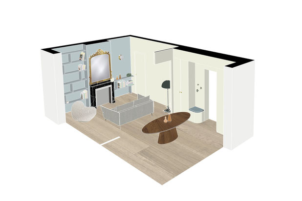 Axonométrie du séjour-renovation-appartement-Paris