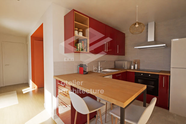Vue 3D de l'entrée + cuisine-agrandissement_extension-maison-Choisy-le-Roi